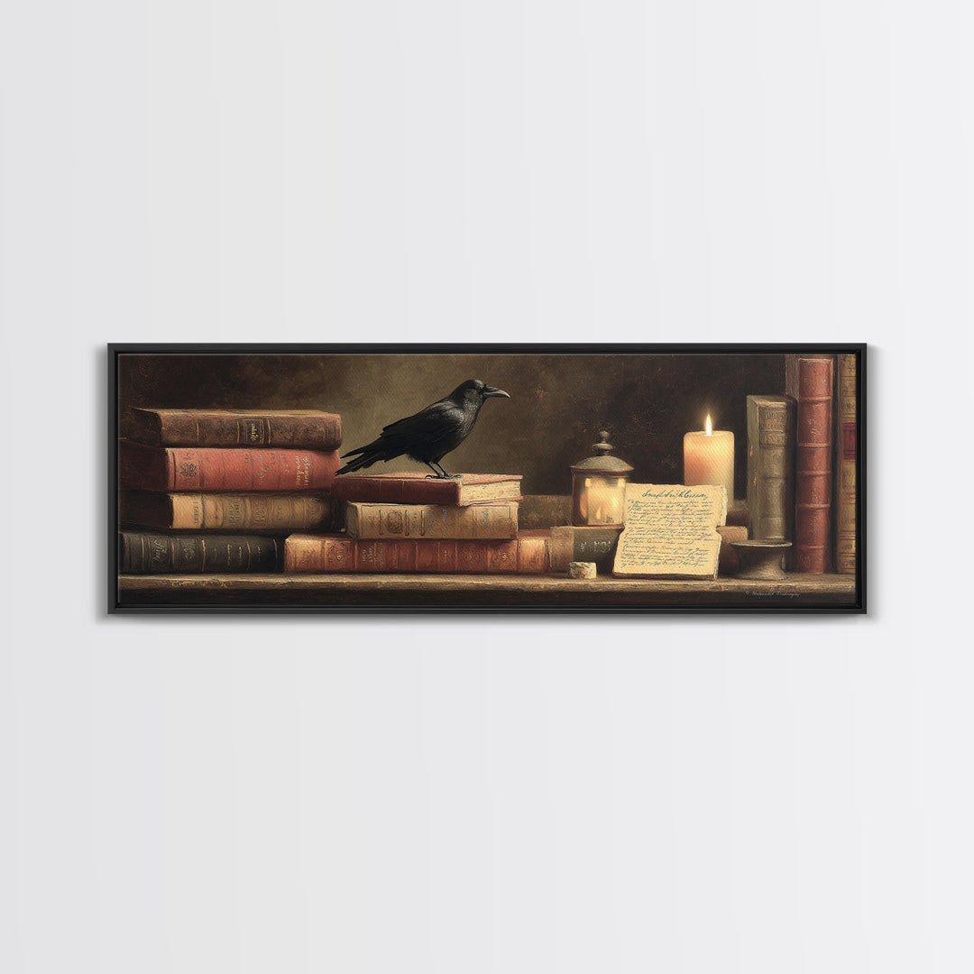 Black Raven Perched on Closed Book Canvas Print, Library Art, Modern Decor, Library Decor, Fine Art, Archive, Wall Decor, LIB-3x1-14