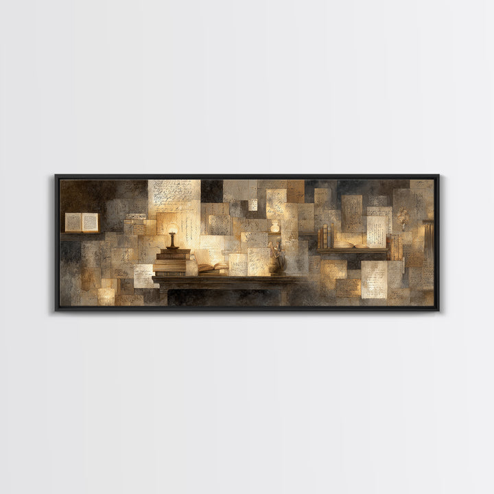 Moonlit Window with Floating Pages Canvas Print, Library Art, Gothic Wall Decor, Library Decor, Fine Art, Archive, LIB-3x1-24