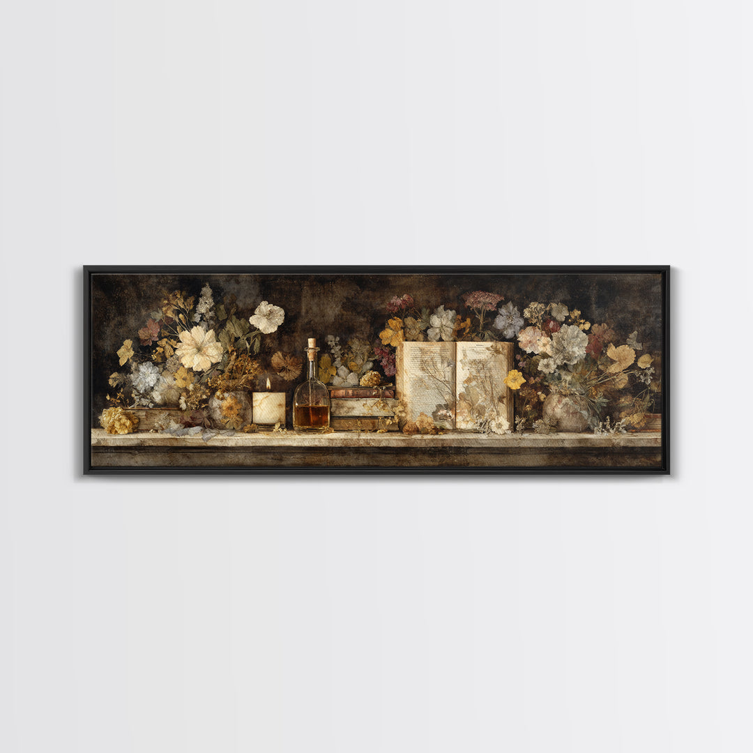 Botanical Pressed Flowers Inside Old Pages Canvas Print, Library Art, Dark Academia Art, Library Decor, Fine Art, Archive, LIB-3x1-25