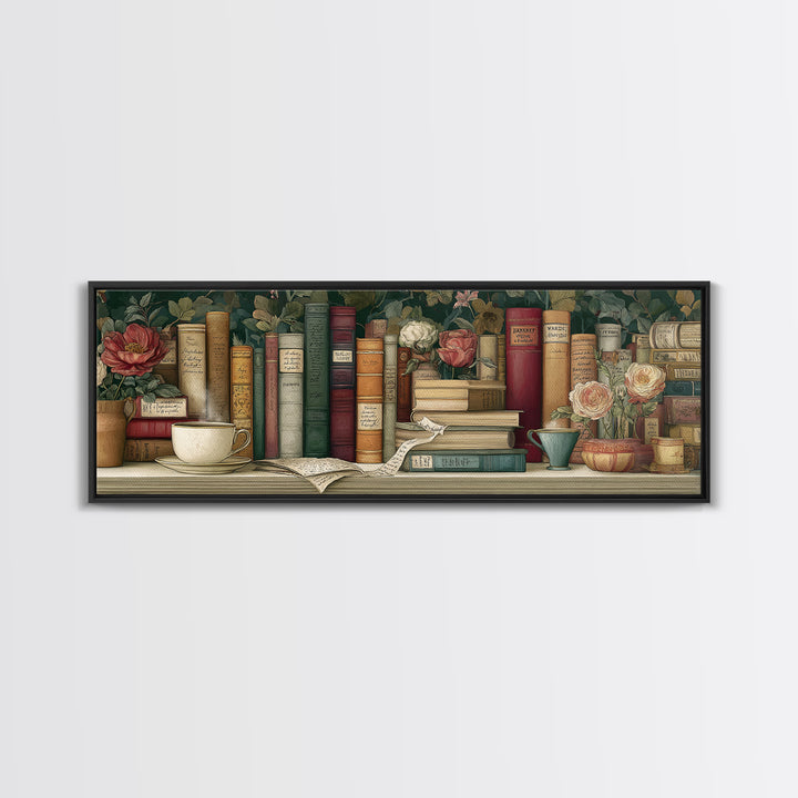 Teacup Beside a Novel and Roses Canvas Print, Library Art, Gothic Wall Decor, Library Decor, Fine Art, Archive, LIB-3x1-54