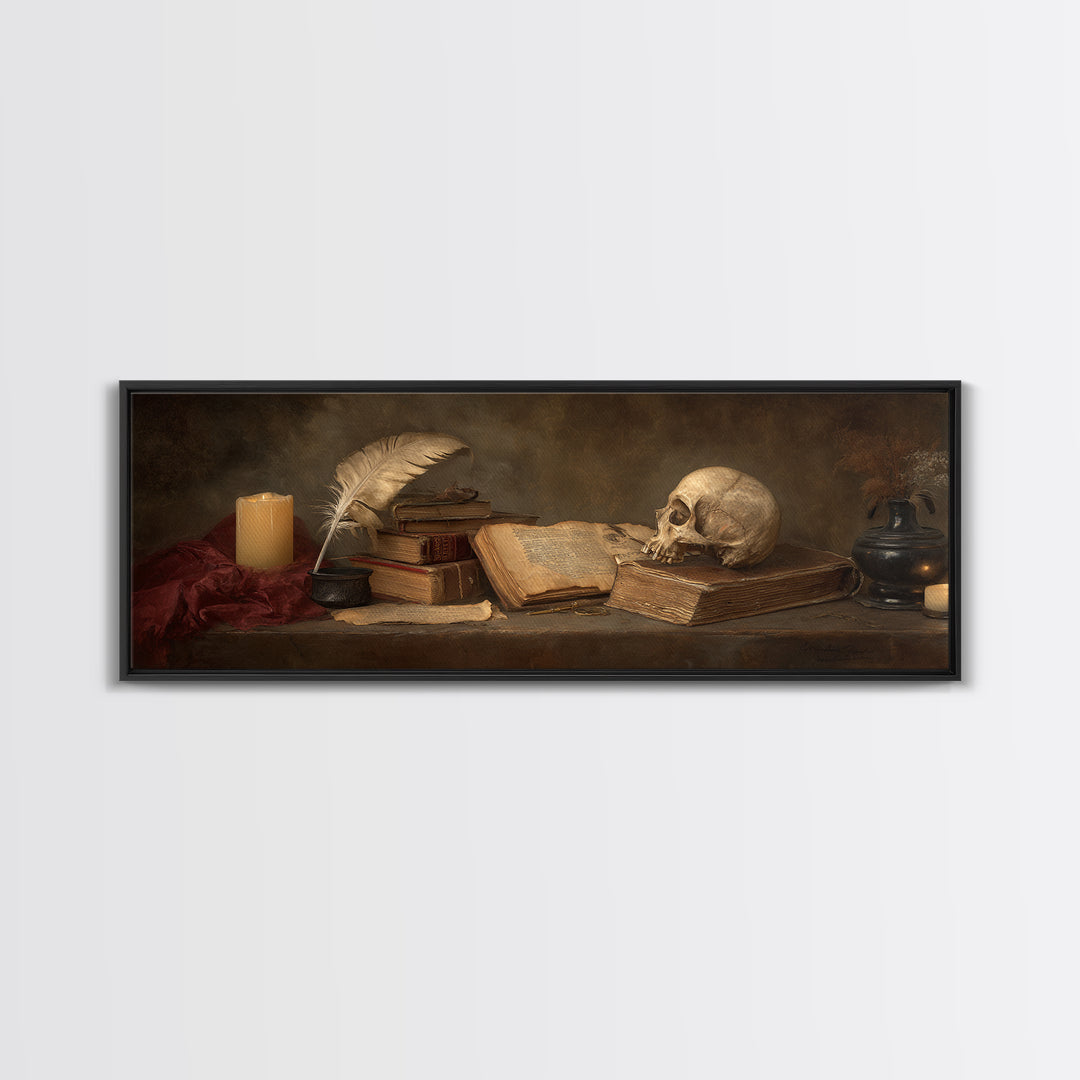 Dark Academia Skull Book and Quill Still Framed Canvas Print, Library Art, Gallery Decor, Library Decor, Fine Art, Archive, LIB-3x1-69