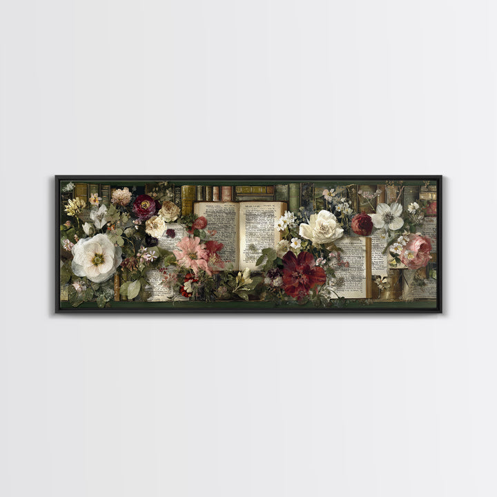 Botanical Pressed Flowers Inside Old Pages Framed Canvas Print, Library Art, Neutral Decor, Library Decor, Oil Painting, LIB-3x1-73