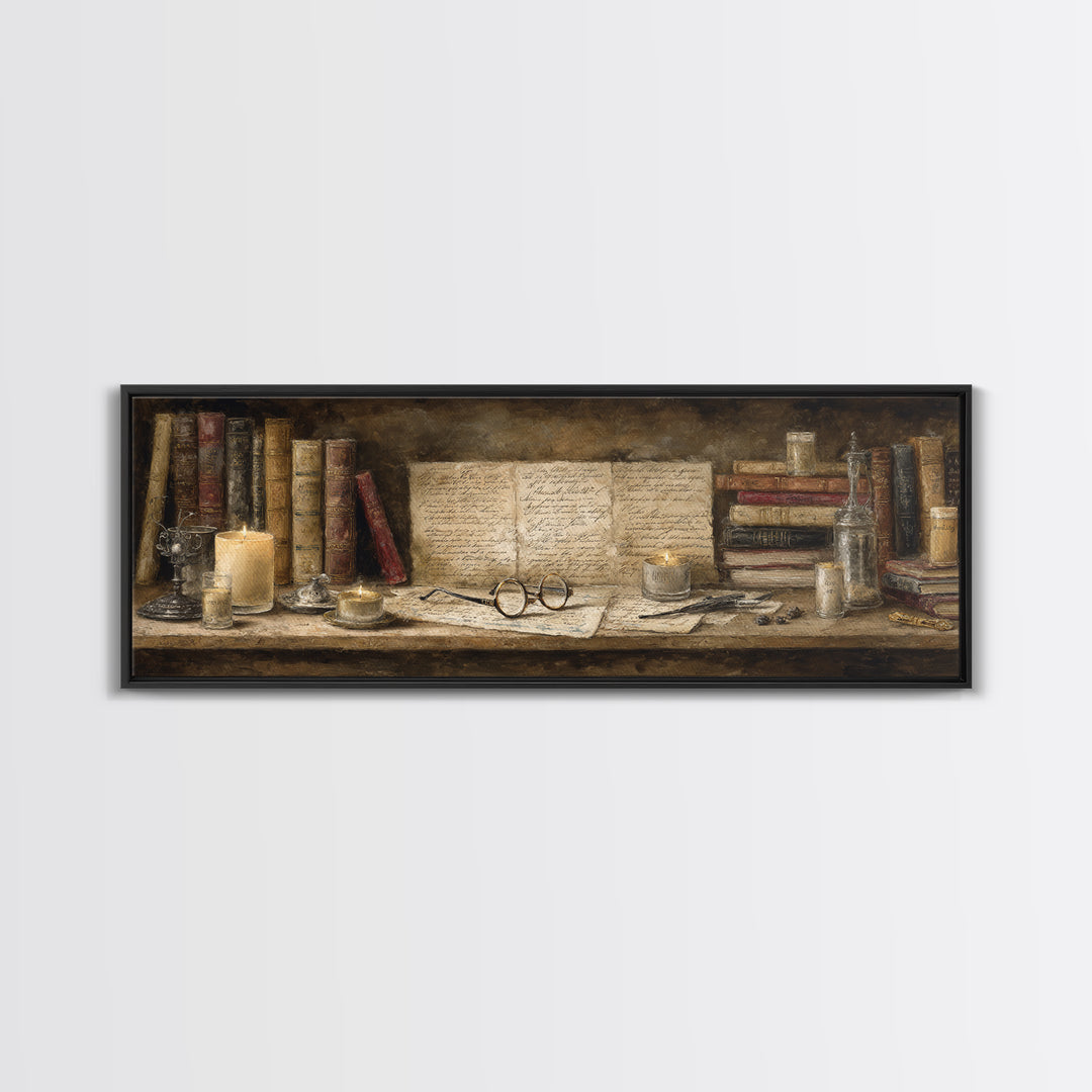 Antique Spectacles on a Manuscript Framed Canvas Print, Library Art, Digital Art, Library Decor, Archive, Watercolor Art, LIB-3x1-84