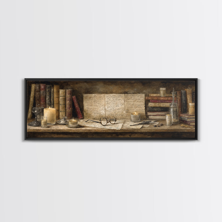 Antique Spectacles on a Manuscript Framed Canvas Print, Library Art, Digital Art, Library Decor, Archive, Watercolor Art, LIB-3x1-84