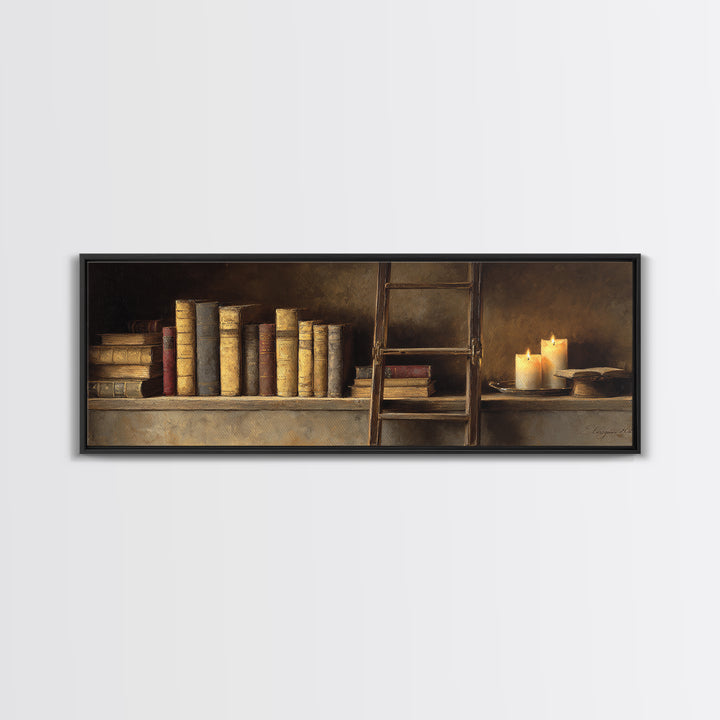 Rolling Library Ladder Canvas Print, Library Art, Printable Wall Art, Library Decor, Fine Art, Archive, Moody Wall Art, LIB-3x1-91