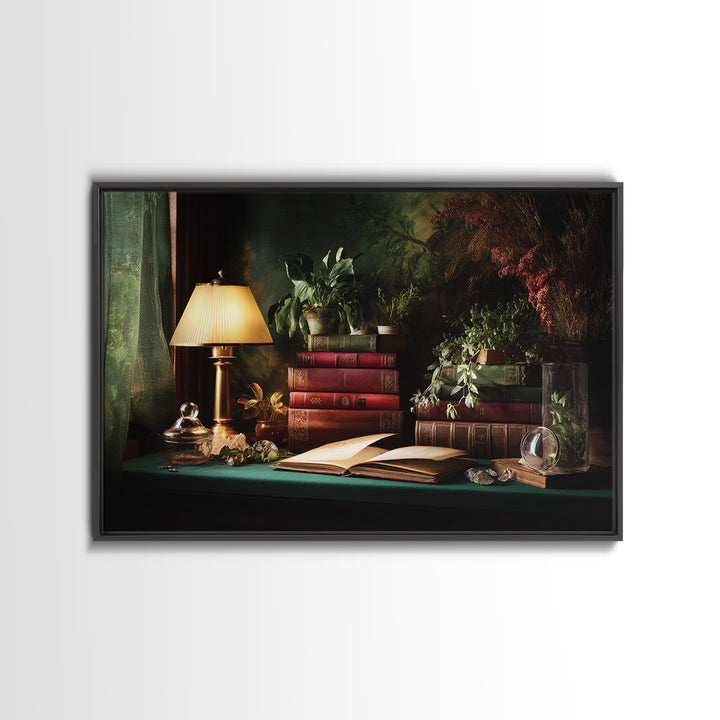 Warm Reading Lamp and Small Plant Still Canvas Print, Library Art, Bookish Decor, Library Decor, Archive, Modern Decor, LIB-3x2-1