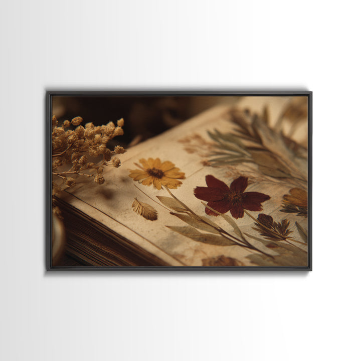 Botanical Pressed Flowers Inside Old Pages Framed Canvas Print, Library Art, Botanical Art, Library Decor, Watercolor Art, LIB-3x2-13