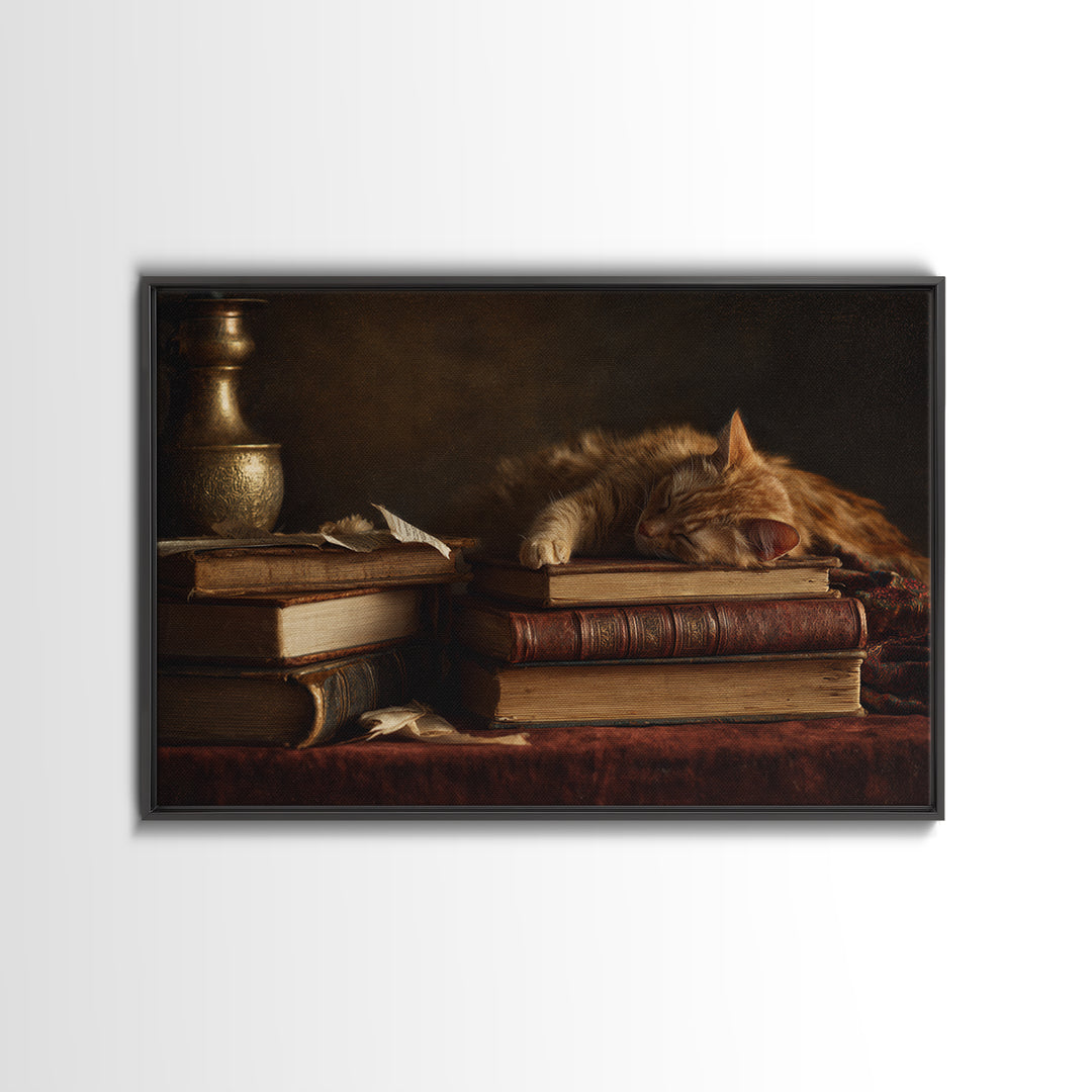 Cat Sleeping on a Book Stack Framed Canvas Print, Library Art, Room Decor, Library Decor, Fine Art, Archive, Printable Art, LIB-3x2-35
