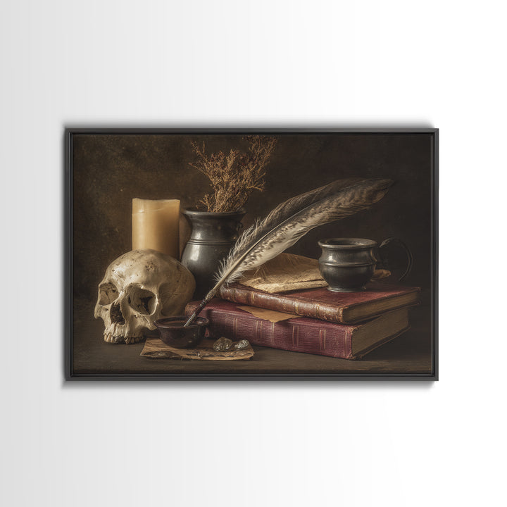 Dark Academia Skull Book and Quill Still Canvas Print, Library Art, Gothic Wall Decor, Library Decor, Fine Art, Archive, LIB-3x2-57