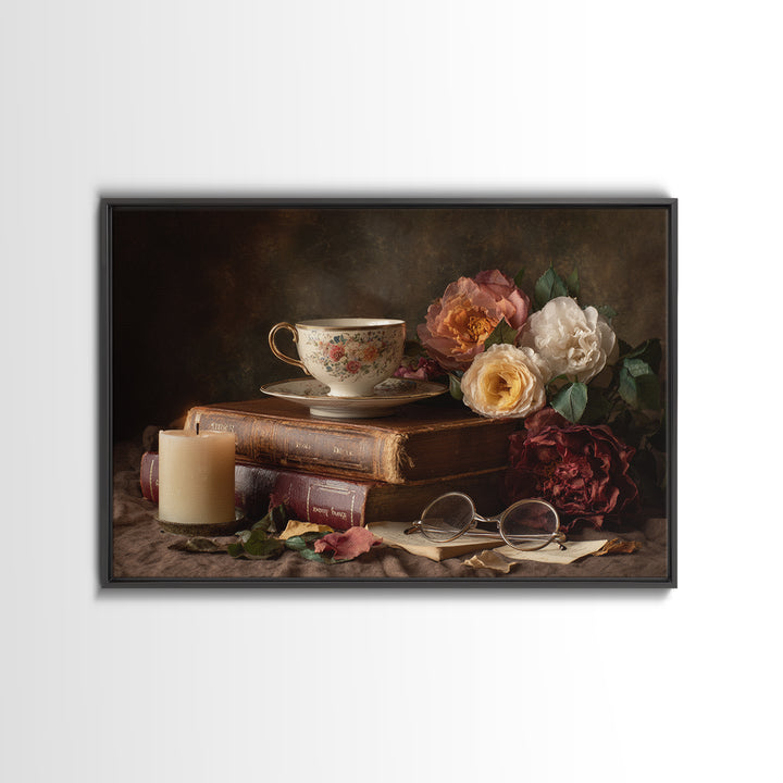 Teacup Beside a Novel and Roses Canvas Print, Library Art, Library Decor, Fine Art, Archive, Neutral Decor, Modern Decor, LIB-3x2-66