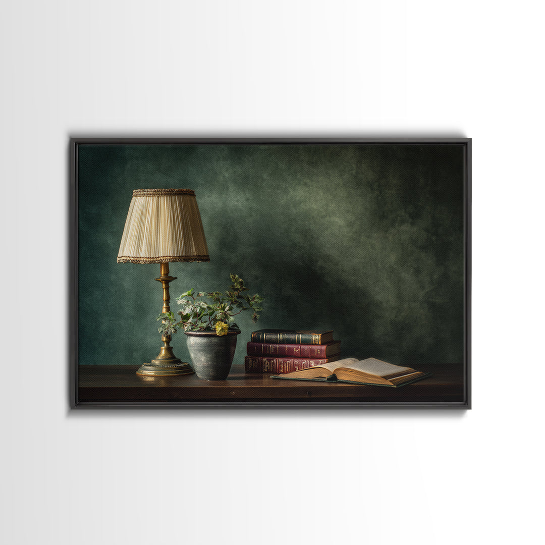 Warm Reading Lamp and Small Plant Still Canvas Print, Library Art, Neutral Decor, Library Decor, Fine Art, Archive, Home Decor, LIB-3x2-73