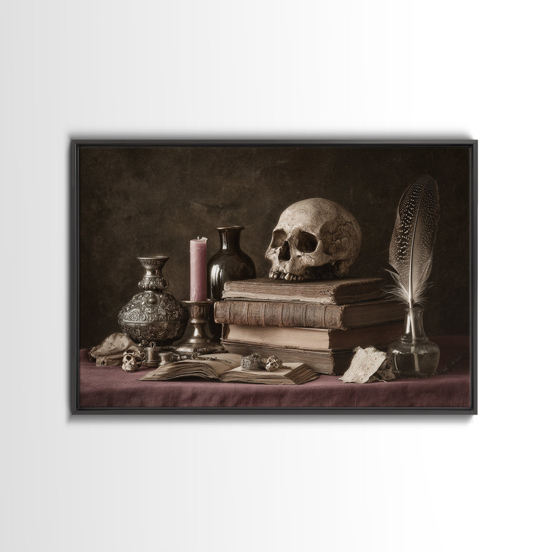 Dark Academia Skull Book and Quill Still Framed Canvas Print, Library Art, Fine Art Print, Library Decor, Fine Art, Archive, LIB-3x2-81