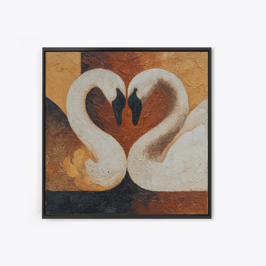 Two Swans Forming a Heart Shape Framed Canvas Print, Line Art, Textured Painting, Living Room Decor, Abstract Art, Line, LIN-1x1-40