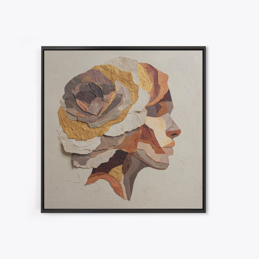 Face and Flower Blended into One Contour Framed Canvas Print, Line Art, Boho Wall Art, Living Room Decor, Fine Art, Line, LIN-1x1-56