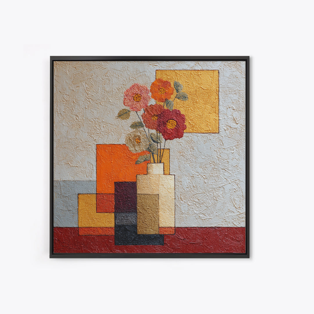 Abstract Vase and Flowers Framed Canvas Print, Line Art, Bird Wall Art, Living Room Decor, Fine Art, Line, Textured Painting, LIN-1x1-84