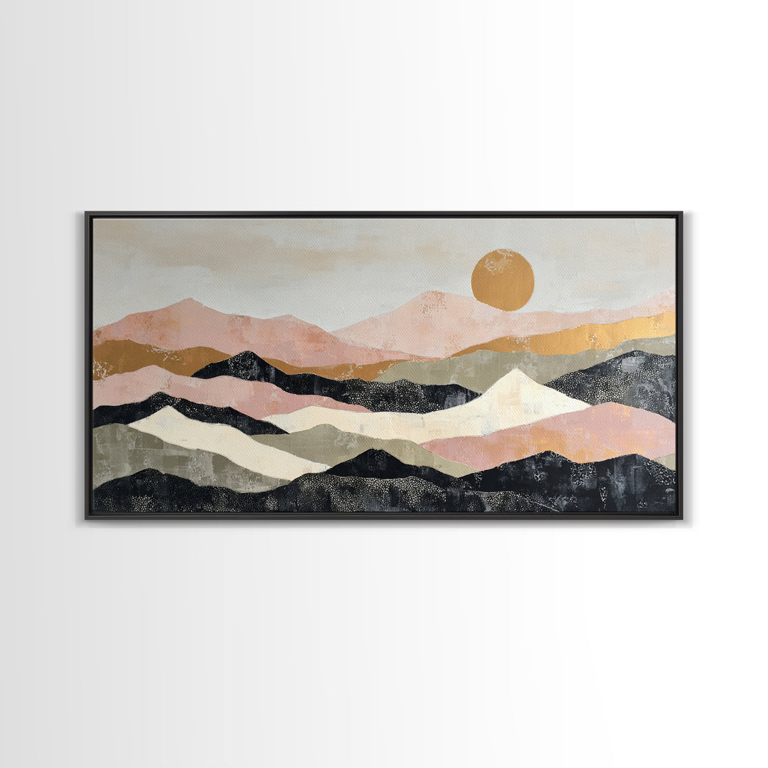 Black Line Mountains Framed Canvas Print, Line Art, Living Room Decor, Oil Painting, Line, Boho Decor, Living Room Wall Art, LIN-2x1-30