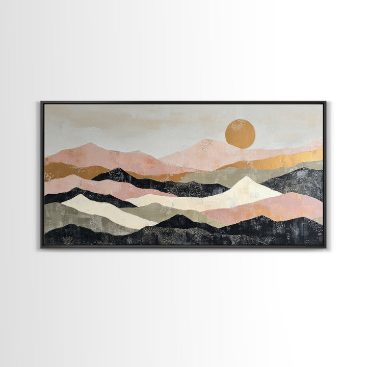 Black Line Mountains Framed Canvas Print, Line Art, Living Room Decor, Oil Painting, Line, Boho Decor, Living Room Wall Art, LIN-2x1-30