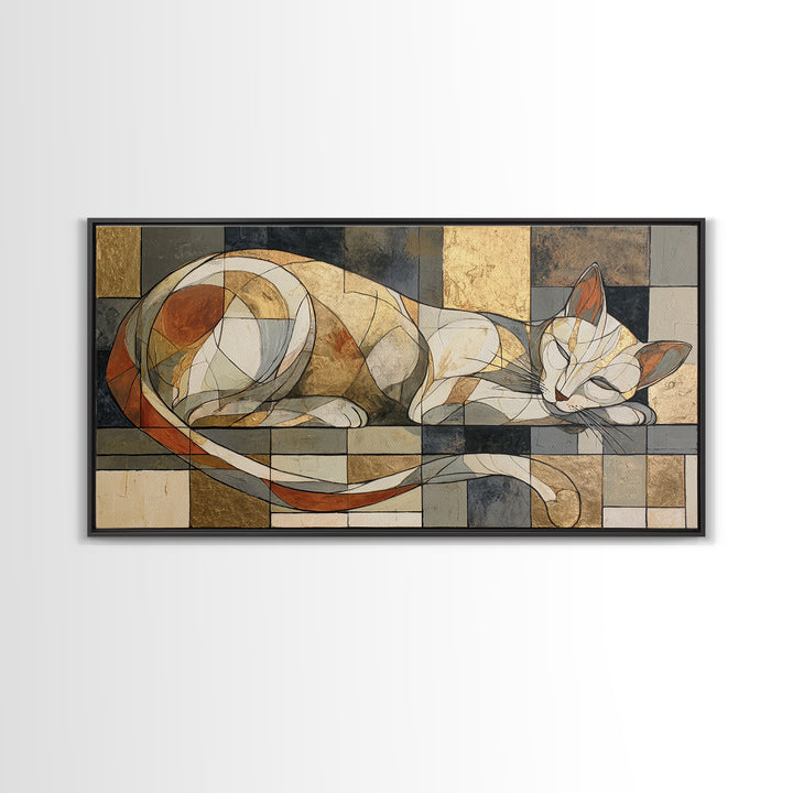 Monoline Cat Stretching Framed Canvas Print, Line Art, Digital Wall Art, Living Room Decor, Fine Art, Line, Minimalist Wall Art, LIN-2x1-50