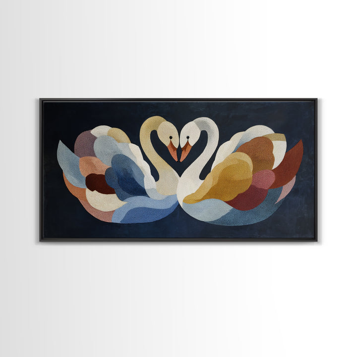 Two Swans Forming a Heart Shape Framed Canvas Print, Line Art, Digital Wall Art, Living Room Decor, Line, Minimalist Wall Art, LIN-2x1-60