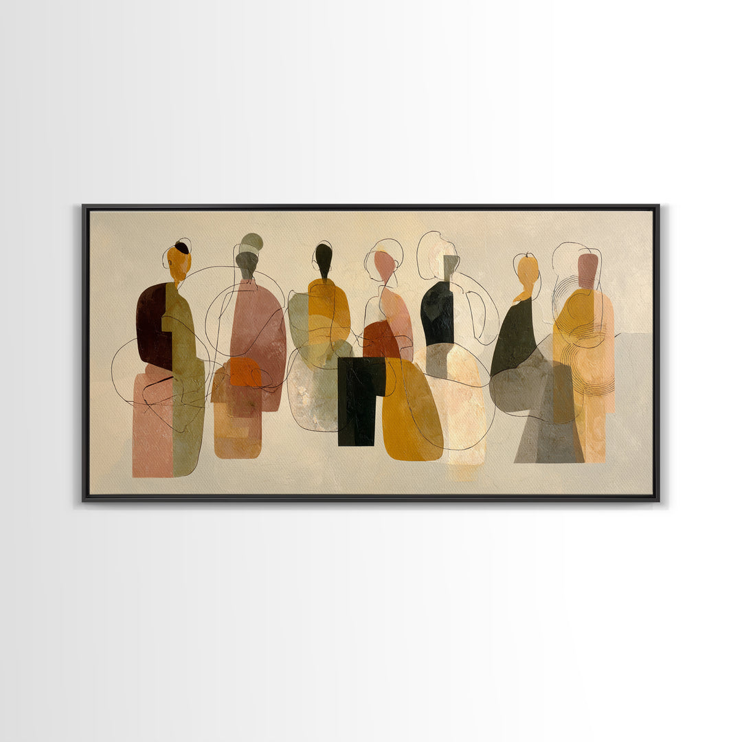 Abstract Family Figures Framed Canvas Print, Line Art, Boho Decor, Living Room Decor, Oil Painting, Line, Minimalist Art, LIN-2x1-92