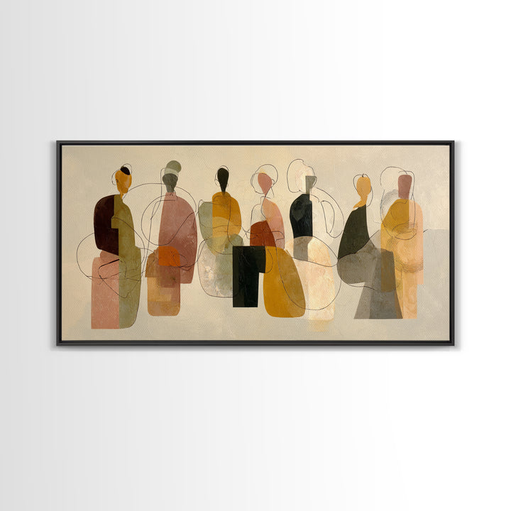 Abstract Family Figures Framed Canvas Print, Line Art, Boho Decor, Living Room Decor, Oil Painting, Line, Minimalist Art, LIN-2x1-92