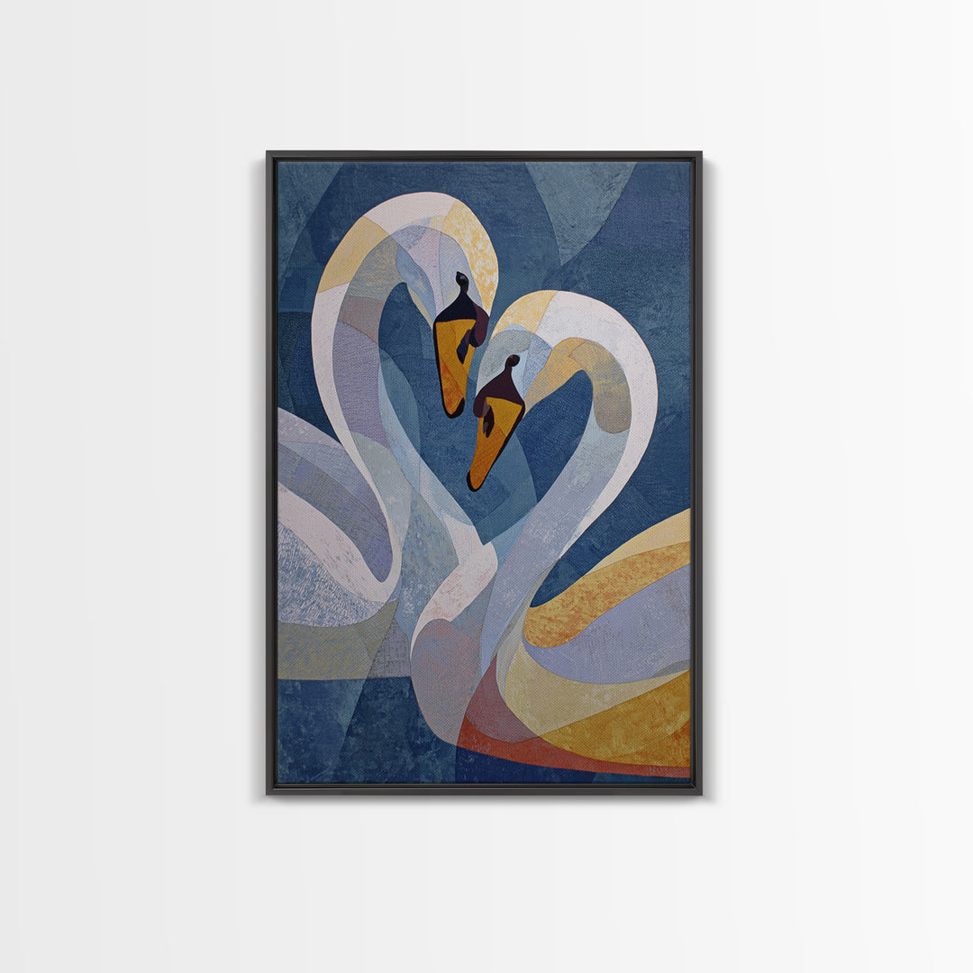 Two Swans Forming a Heart Shape Framed Canvas Print, Line Art, Living Room Decor, Abstract Art, Line, Portrait from Photo, LIN-2x3-48