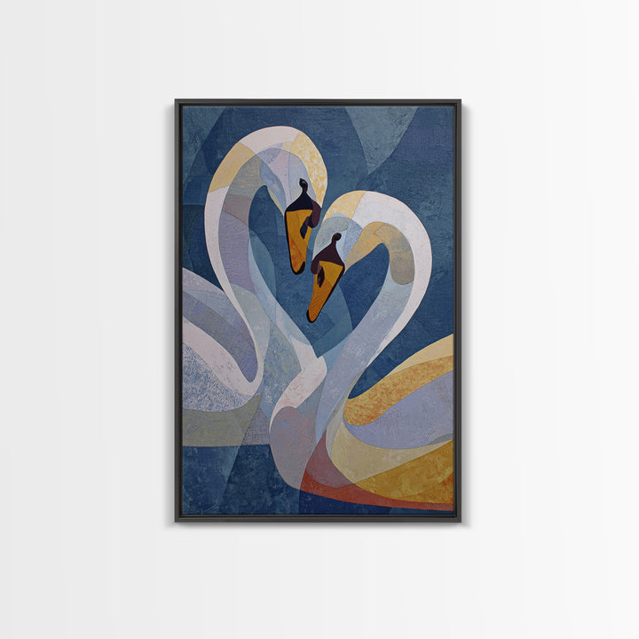 Two Swans Forming a Heart Shape Framed Canvas Print, Line Art, Living Room Decor, Abstract Art, Line, Portrait from Photo, LIN-2x3-48