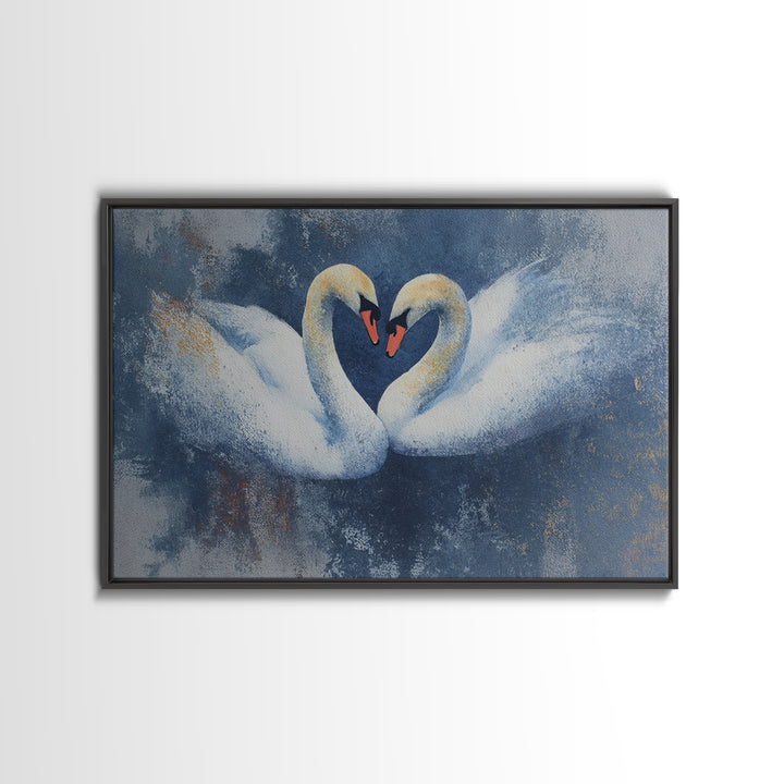 Two Swans Forming a Heart Shape Framed Canvas Print, Line Art, Statement Artwork, Living Room Decor, Abstract Art, Line, LIN-3x2-20