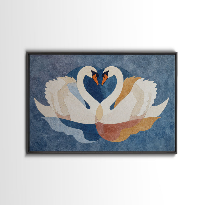 Two Swans Forming a Heart Shape Framed Canvas Print, Line Art, Boho Wall Decor, Living Room Decor, Abstract Art, Line, LIN-3x2-92