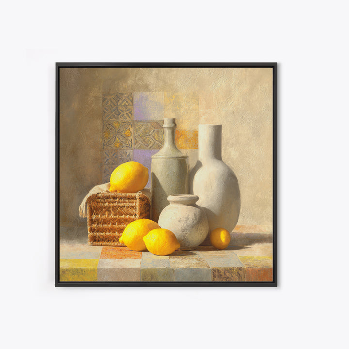 Warm Mediterranean Lemon Still Life Framed Canvas Print, Living Room Art, Dopamine Decor, Living Room Decor, Abstract Art, LIR-1x1-42