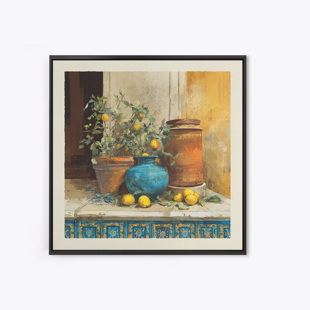 Warm Mediterranean Lemon Still Life Framed Canvas Print, Living Room Art, Dopamine Decor, Living Room Decor, Abstract Art, LIR-1x1-66