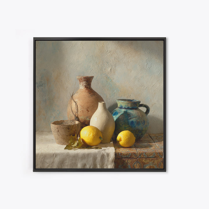 Warm Mediterranean Lemon Still Life Canvas Print, Living Room Art, Neutral Decor, Living Room Decor, Fine Art, Living, LIR-1x1-90