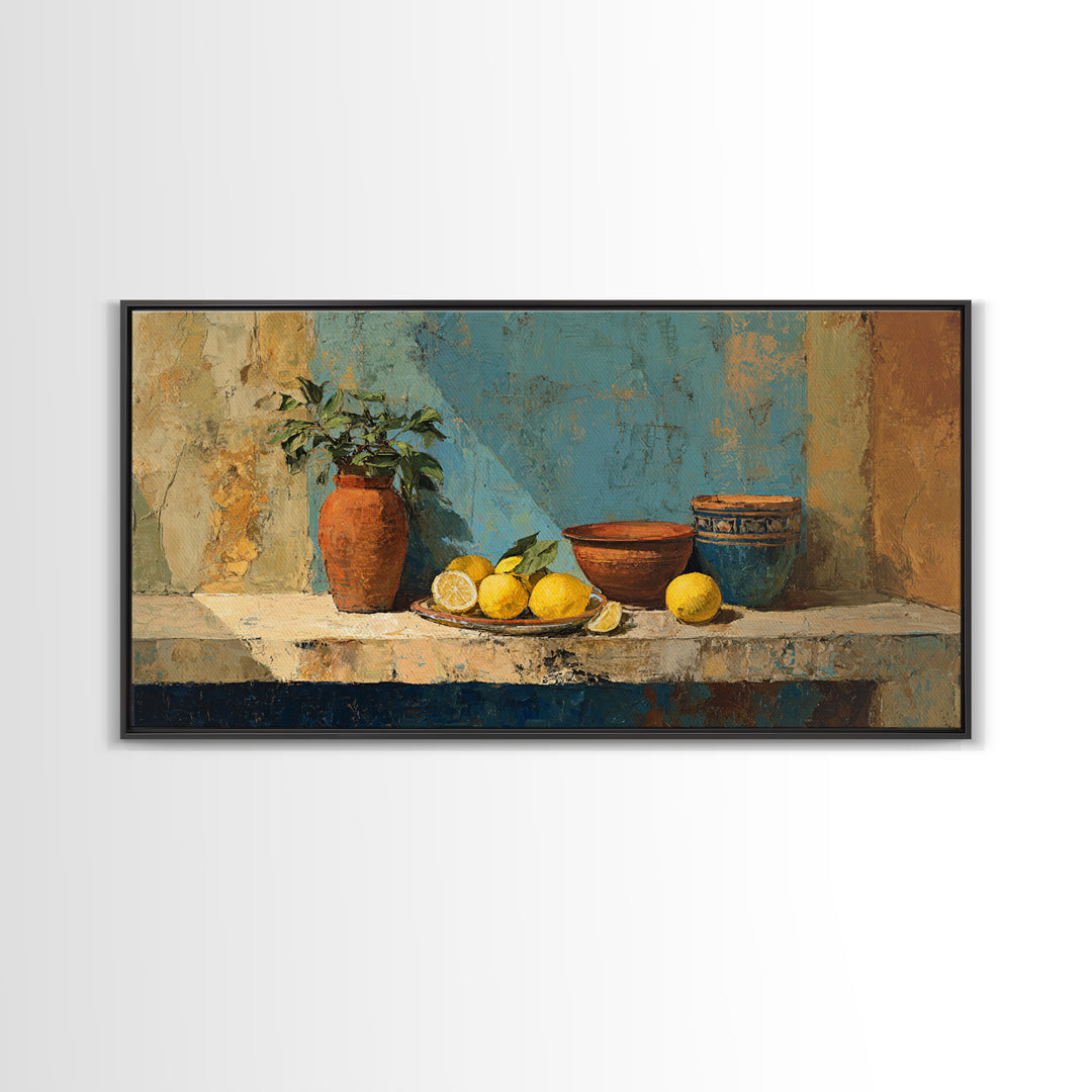 Warm Mediterranean Lemon Still Life Canvas Print, Living Room Art, Wall Art, Living Room Decor, Oil Painting, Living, LIR-2x1-62