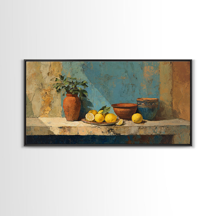 Warm Mediterranean Lemon Still Life Canvas Print, Living Room Art, Wall Art, Living Room Decor, Oil Painting, Living, LIR-2x1-62