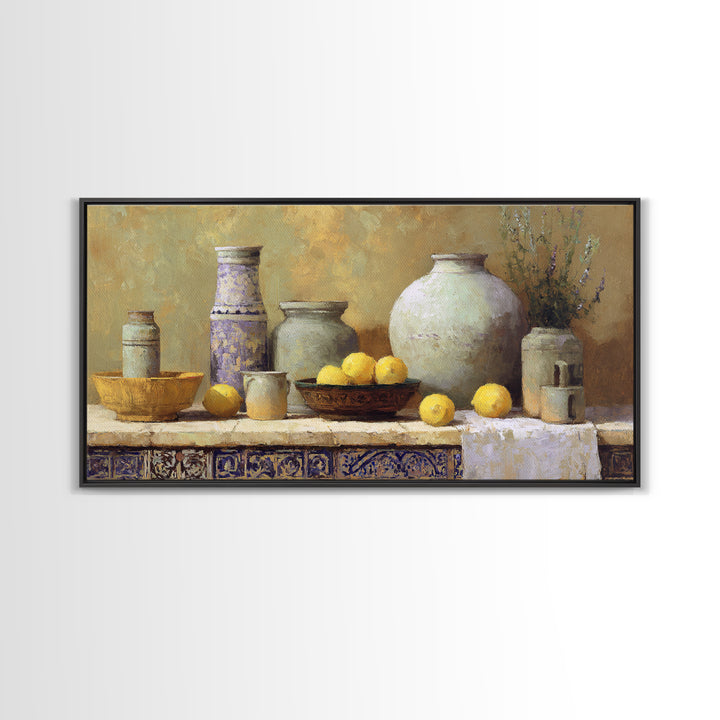 Warm Mediterranean Lemon Still Life Framed Canvas Print, Living Room Art, Art Print, Living Room Decor, Fine Art, Living, LIR-2x1-86