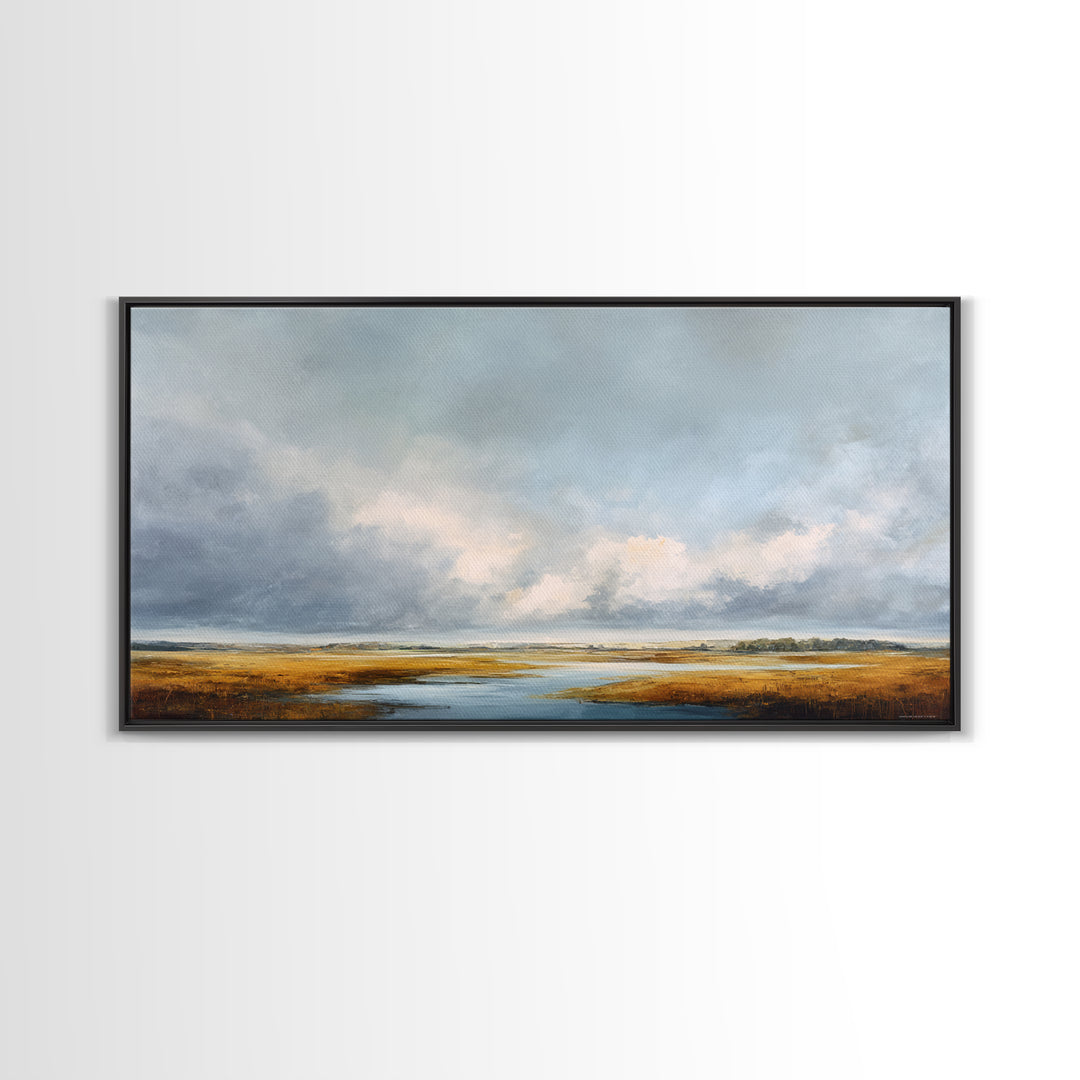 Modern Landscape with Expansive Calm Sky Framed Canvas Print, Living Room Art, Neutral Decor, Living Room Decor, Oil Painting, LIR-2x1-95
