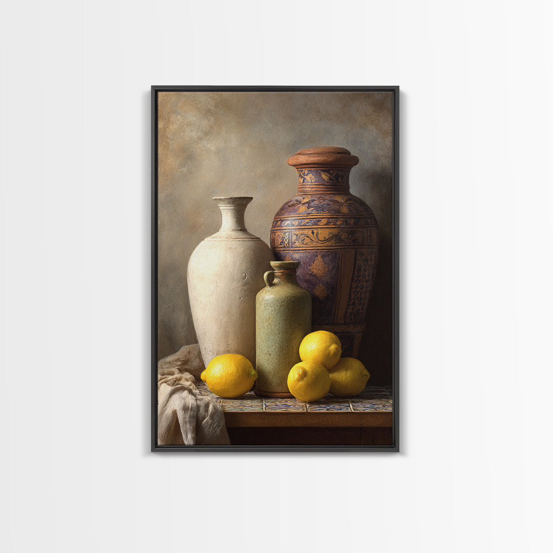 Warm Mediterranean Lemon Still Life Framed Canvas Print, Living Room Art, Living Room Decor, Watercolor Art, Living, LIR-2x3-74