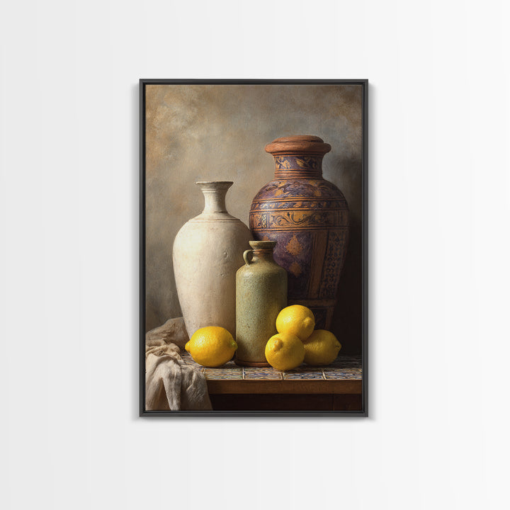 Warm Mediterranean Lemon Still Life Framed Canvas Print, Living Room Art, Living Room Decor, Watercolor Art, Living, LIR-2x3-74