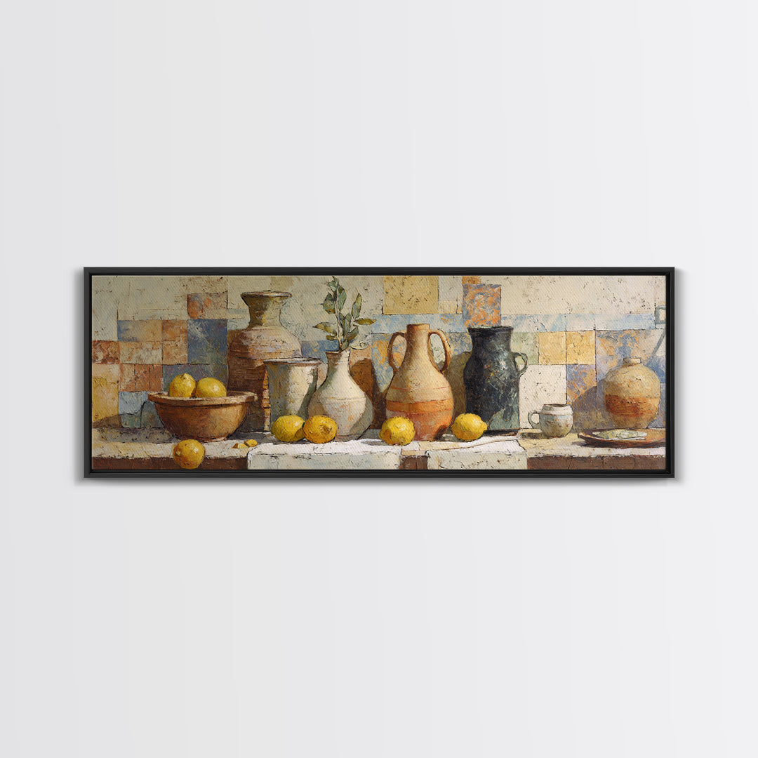Warm Mediterranean Lemon Still Life Canvas Print, Living Room Art, Oil Painting, Living Room Decor, Abstract Art, Living, LIR-3x1-34