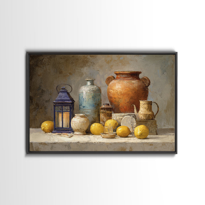 Warm Mediterranean Lemon Still Life Framed Canvas Print, Living Room Art, Printable Art, Living Room Decor, Fine Art, Living, LIR-3x2-46