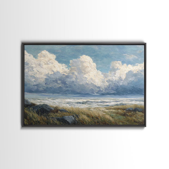Large Cloudscape with Gentle Movement Framed Canvas Print, Living Room Art, 3 Piece Wall Art, Living Room Decor, Watercolor Art, LIR-3x2-71