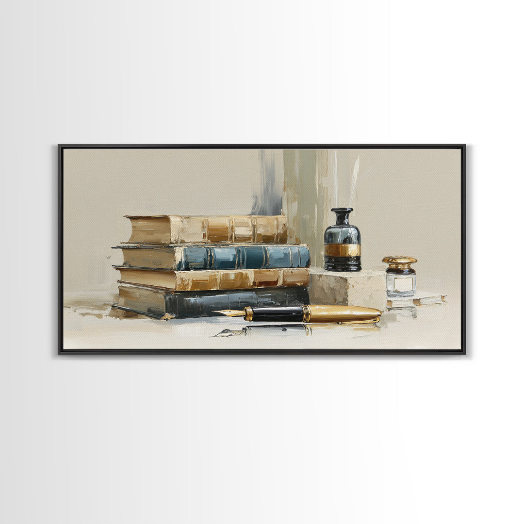 Dignified Law Books and Fountain Pen Still Canvas Print, Law Office Art, Minimalist Decor, Office Decor, Fine Art, Counsel, LOA-2x1-70