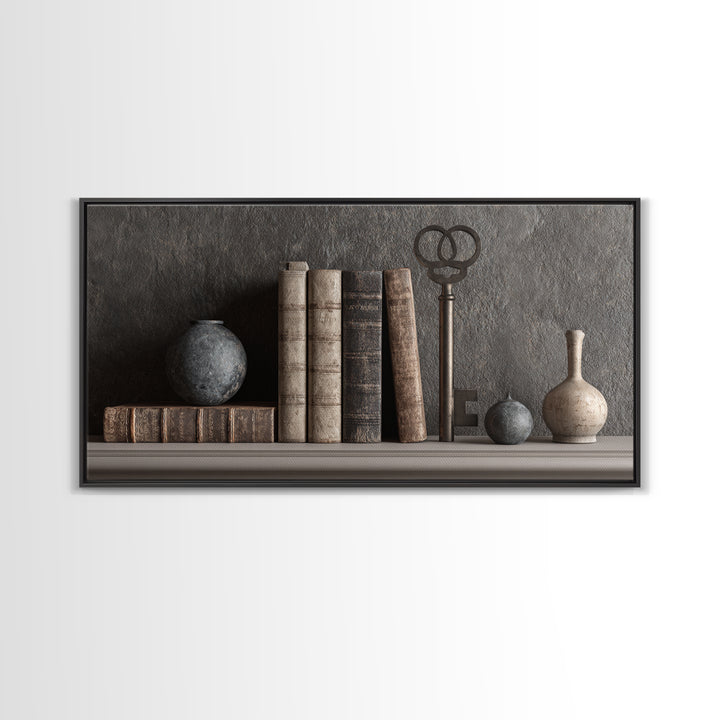 Antique Key and Leather Bound Books Arrangement Framed Canvas Print, Law Office Art, Poster Print, Office Decor, Counsel, LOA-2x1-99