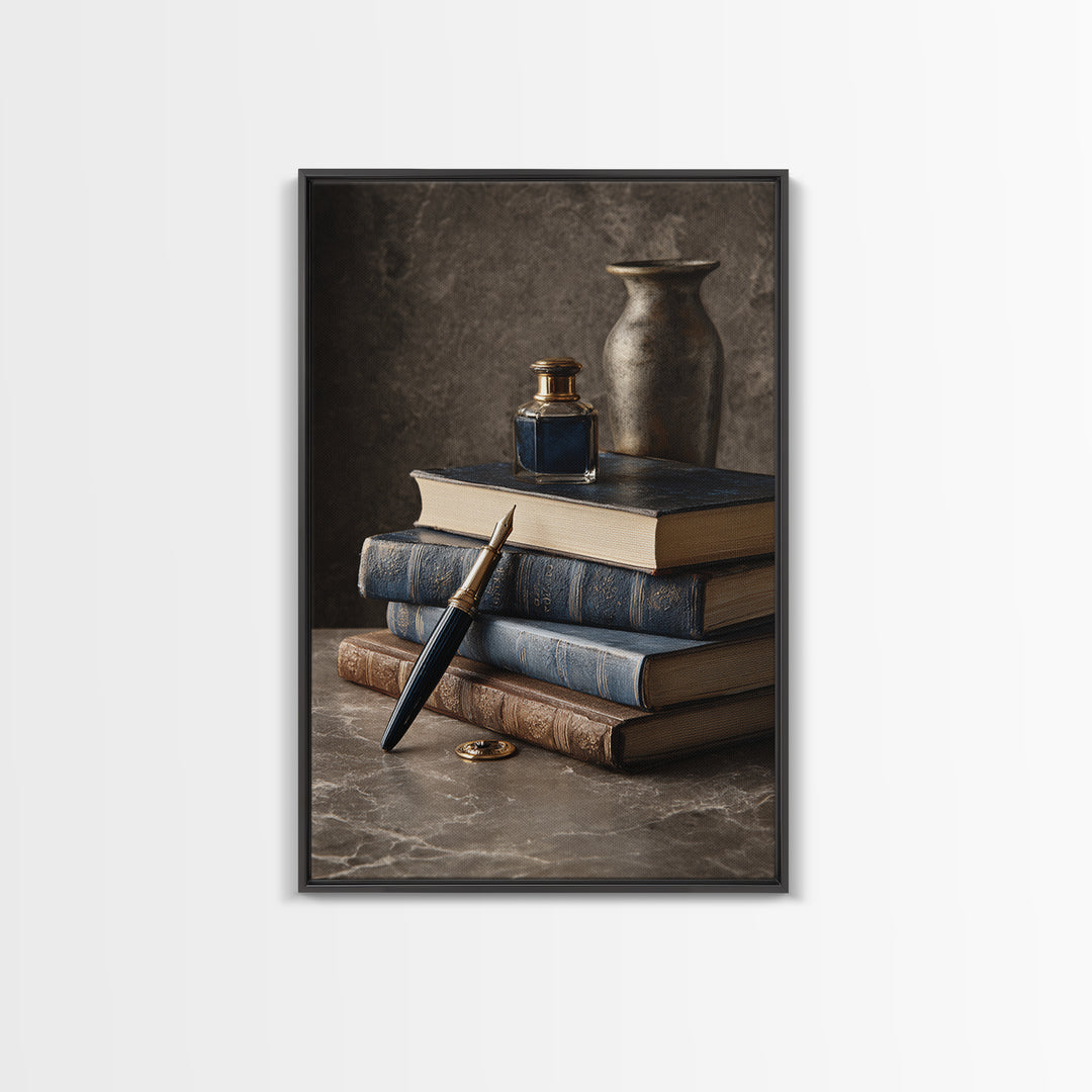 Dignified Law Books and Fountain Pen Still Framed Canvas Print, Law Office Art, Luxury Decor, Office Decor, Fine Art, Counsel, LOA-2x3-34