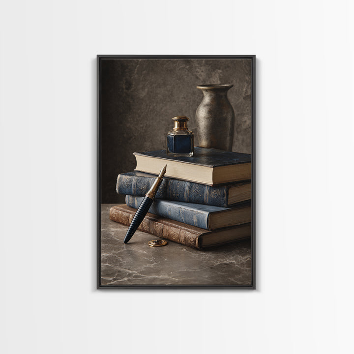Dignified Law Books and Fountain Pen Still Framed Canvas Print, Law Office Art, Luxury Decor, Office Decor, Fine Art, Counsel, LOA-2x3-34