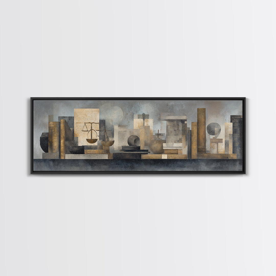 Dark Academia Desk Still Life Without Readable Canvas Print, Law Office Art, Office Wall Decor, Office Decor, Abstract Art, LOA-3x1-49