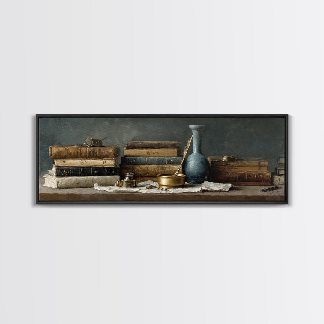 Dignified Law Books and Fountain Pen Still Framed Canvas Print, Law Office Art, Bookish Wall Art, Office Decor, Counsel, LOA-3x1-90