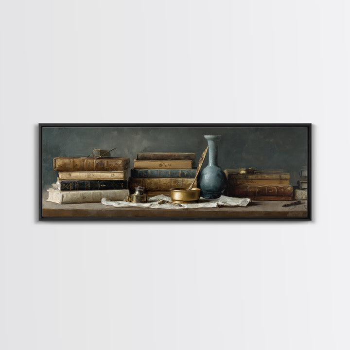 Dignified Law Books and Fountain Pen Still Framed Canvas Print, Law Office Art, Bookish Wall Art, Office Decor, Counsel, LOA-3x1-90