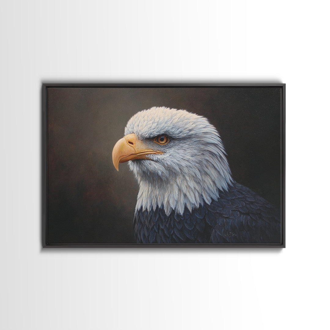 Eagle Portrait with Solemn Presence Framed Canvas Print, Law Office Art, Office Decor, Fine Art, Counsel, Therapy Office Decor, LOA-3x2-10