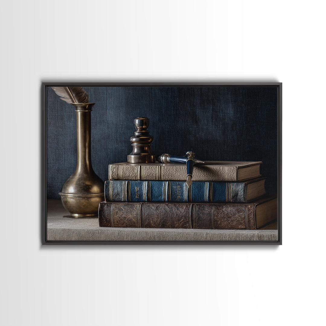 Dignified Law Books and Fountain Pen Still Framed Canvas Print, Law Office Art, Printable, Office Decor, Fine Art, Counsel, LOA-3x2-6